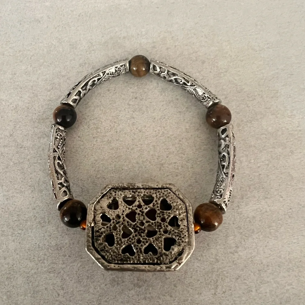Tiger Eye Accent Stretch Bracelet in Brown and Silver
